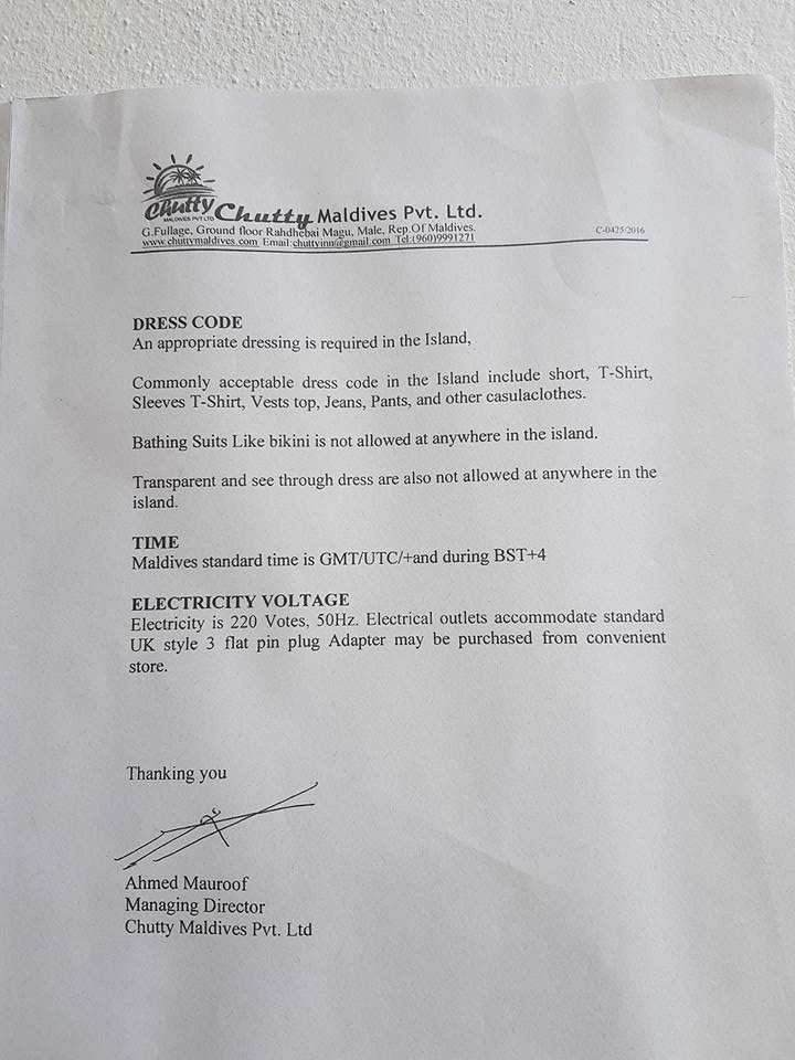 notice denoting the no-bikini rule on maafushi